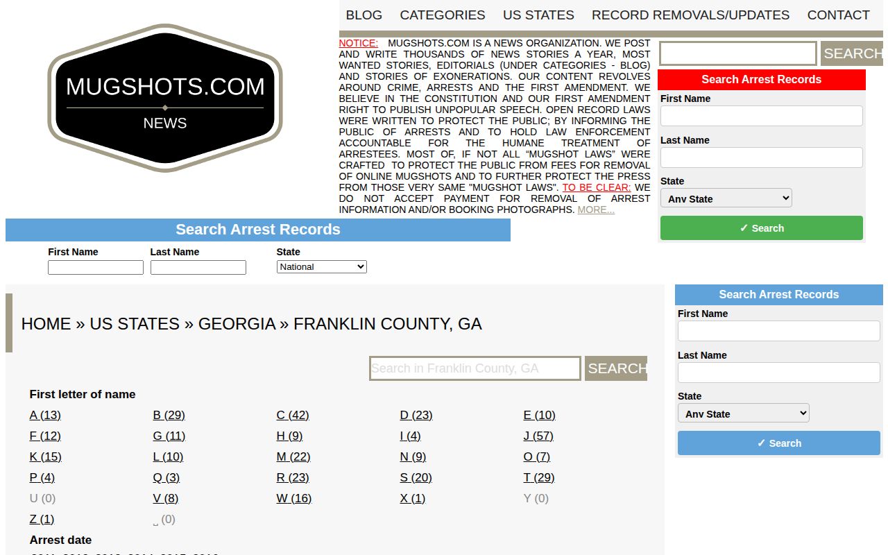 Mugshots.com Franklin County archival collection page