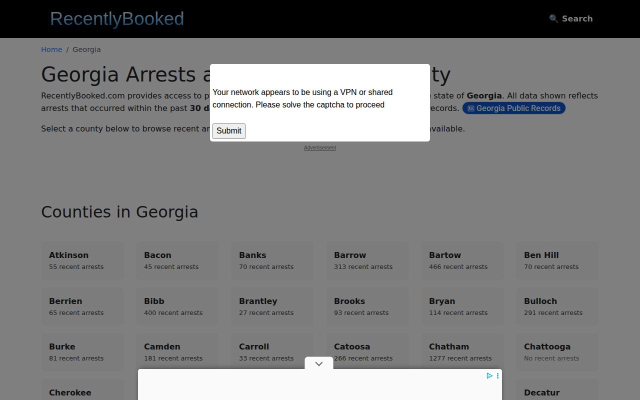 Recently Booked Georgia index checked for Franklin County coverage