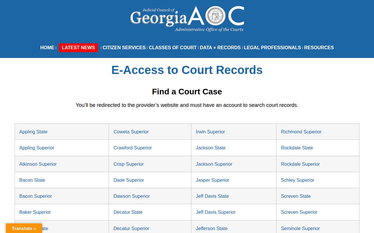Georgia Courts e-access directory for Franklin County court records