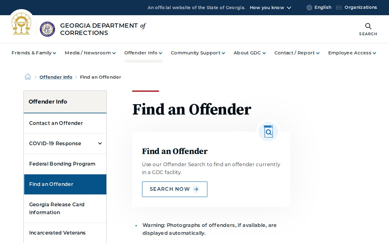 Georgia Department of Corrections offender search interface for state custody