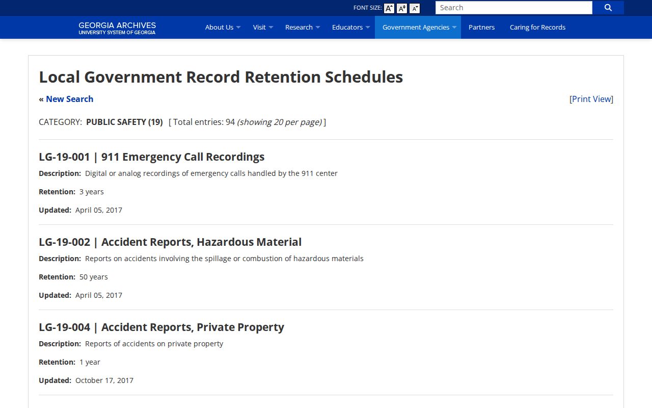 Georgia Archives local public-safety retention schedule relevant to Franklin County jail records