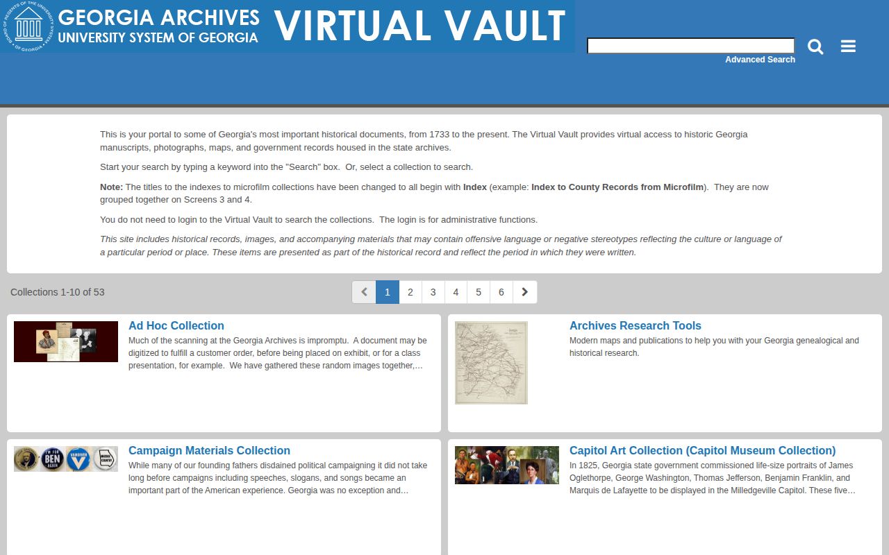 Georgia Archives Virtual Vault search interface for historic records